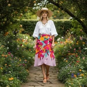 J. Jill Lilac Border Floral Wrap Midi Skirt Pink Orange Size 4 NWT 201211